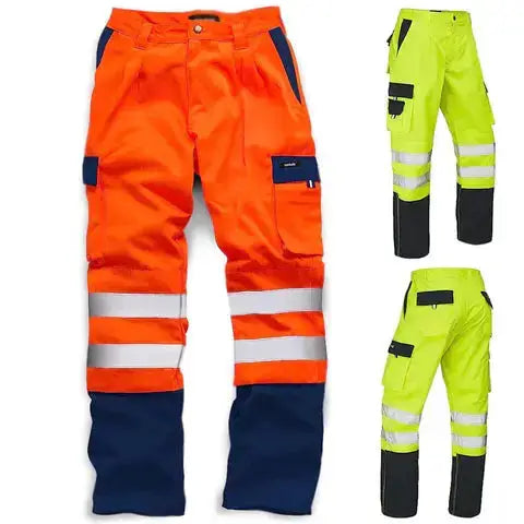 Pantalon de travail haute visibilité HV039 en polycoton, disponible en orange et jaune fluorescent avec bandes réfléchissantes et poches multiples.