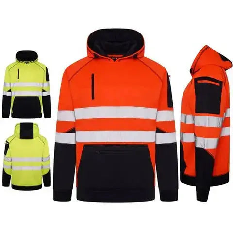 Sweat à capuche poche kangourou Aviator haute visibilité Hoodie - AV034, orange et jaune fluorescent, bandes réfléchissantes, conforme EN ISO 20471:2013 Classe 3.