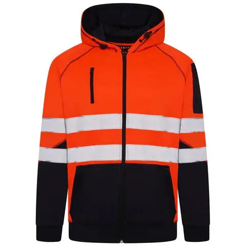 Sweat à capuche Aviator haute visibilité Hoodie AV036 orange et noir avec bandes rétroréfléchissantes, capuche réglable et 4 poches fonctionnelles.