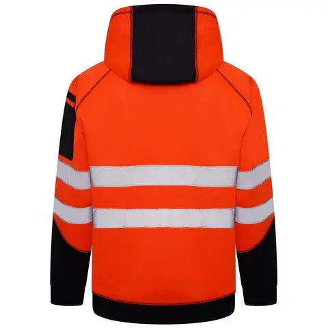 Sweat à capuche Aviator haute visibilité Hoodie AV036 orange et noir avec bandes rétroréfléchissantes, capuche réglable et 4 poches fonctionnelles.