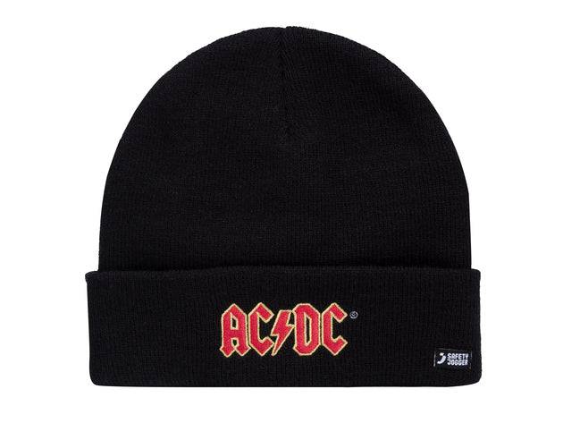 Bonnet AC/DC noir avec logo brodé rouge et jaune, idéal pour les fans de rock. Accessoire chaud et stylé pour temps froid.
