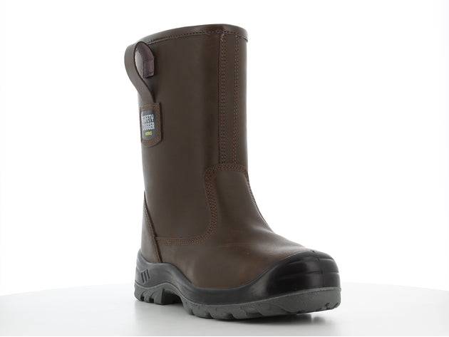 Botte de sécurité ALASKA S3 en cuir marron avec doublure chaude, semelle antidérapante et isolation contre le froid, idéale pour le BTP.