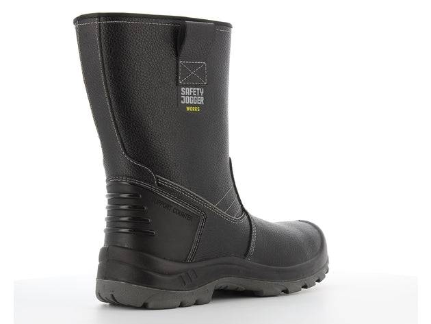 Botte de sécurité BESTBOOT S3 en cuir noir avec talon nervuré et semelle antidérapante SR, idéale pour les travaux BTP et conditions extrêmes.