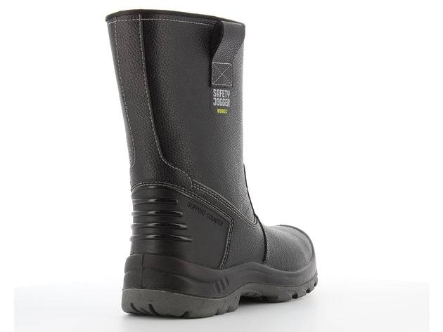 Botte de sécurité BESTBOOT S3 en cuir noir avec talon nervuré, embout et semelle intermédiaire en acier, idéale pour le BTP et conditions extrêmes.