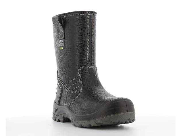 Botte de sécurité BESTBOOT S3 en cuir noir avec talon nervuré, embout et semelle intermédiaire en acier, idéale pour le BTP et conditions extrêmes.