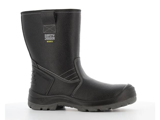 Botte de sécurité BESTBOOT S3 en cuir noir avec talon nervuré, embout et semelle intermédiaire en acier, idéale pour le BTP et conditions extrêmes.