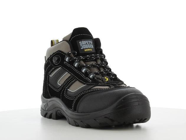Chaussures de sécurité CLIMBER S3 mi-hautes noires et grises avec semelle antidérapante, légères et sans métal pour usage professionnel.