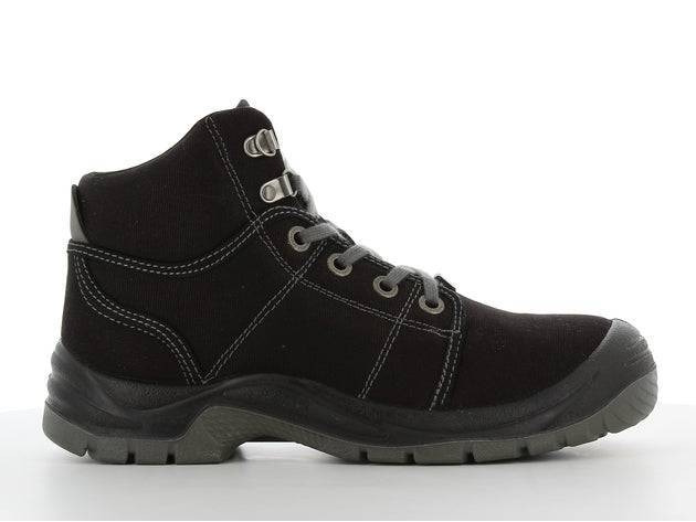Chaussures de sécurité DESERT S1 P en toile noire avec semelle antidérapante et embout acier, adaptées pour le BTP et le travail.