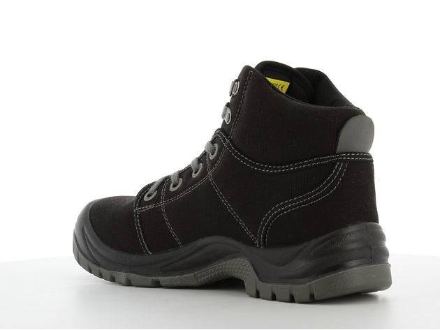 Chaussures de sécurité DESERT S1 P en toile noire avec semelle antidérapante et embout acier, adaptées pour le BTP et le travail.
