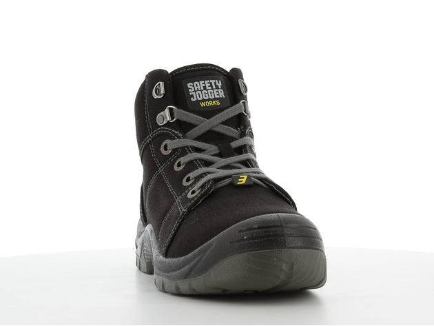 Chaussures de sécurité DESERT S1 P en toile noire avec semelle antidérapante et embout acier, adaptées pour le BTP et le travail.