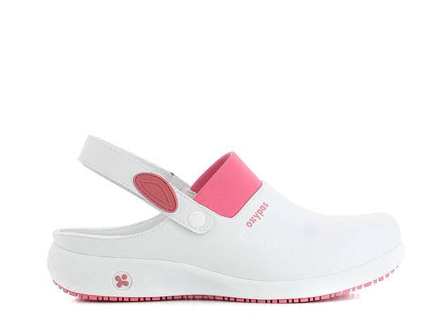 Sabot médicale DORIA OB blanc et rose avec bride ajustable, conçu pour les professionnels, offrant confort et technologie ESD.