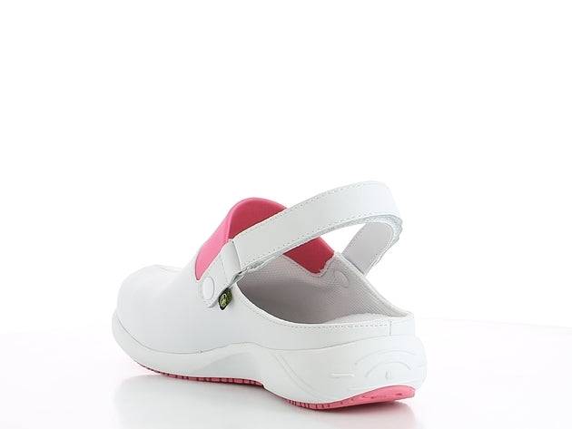 Sabot médicale DORIA OB blanc et rose avec bride ajustable, conçu pour les professionnels, offrant confort et technologie ESD.