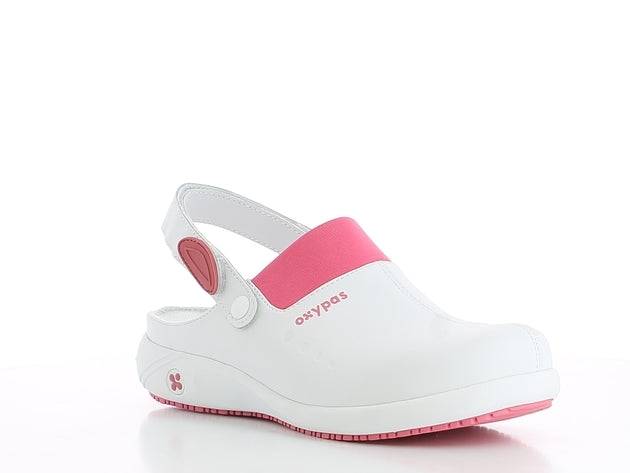 Sabot médicale DORIA OB blanc et rose avec bride ajustable, conçu pour les professionnels, offrant confort et technologie ESD.