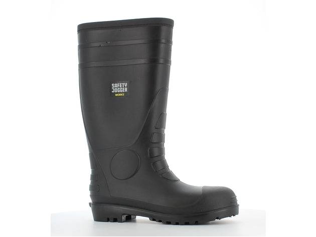 Botte de sécurité en PVC HERCULES S5 noire avec embout en acier et semelle antidérapante, idéale pour les environnements industriels exigeants.