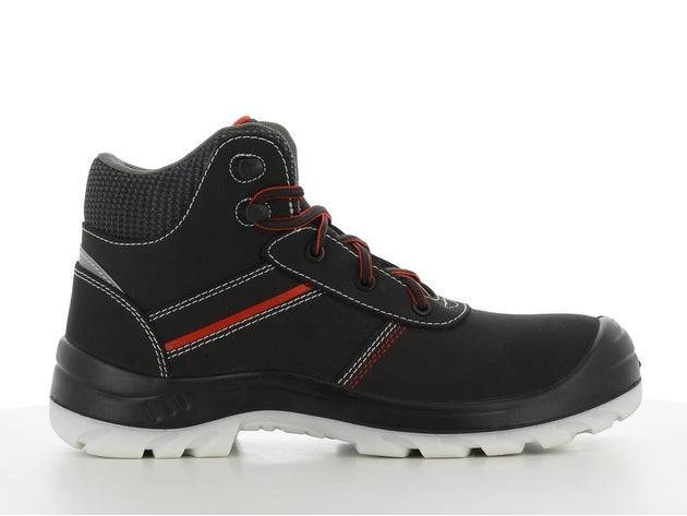 Chaussure de sécurité MONTIS S3S noire avec talon réfléchissant et semelle extérieure blanche antidérapante, idéale pour le BTP.