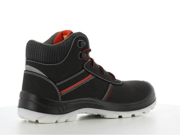 Chaussure de sécurité MONTIS S3S noire avec talon réfléchissant et semelle extérieure blanche antidérapante, idéale pour le BTP.