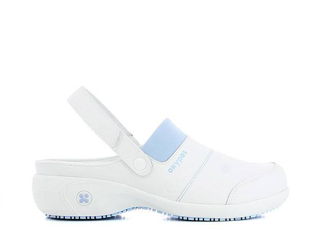 Sabot SANDY OB blanc avec bande velcro réglable, semelle amovible et protection contre les décharges électrostatiques. Idéal pour les secteurs médicaux et alimentaires.