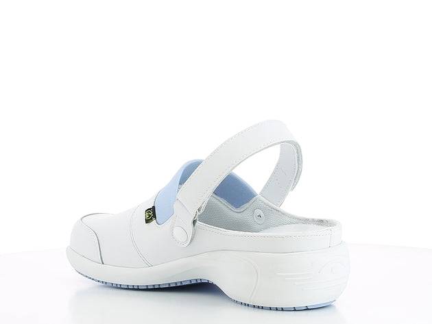 Sabot SANDY OB blanc avec bande velcro réglable, semelle amovible et protection contre les décharges électrostatiques. Idéal pour les secteurs médicaux et alimentaires.