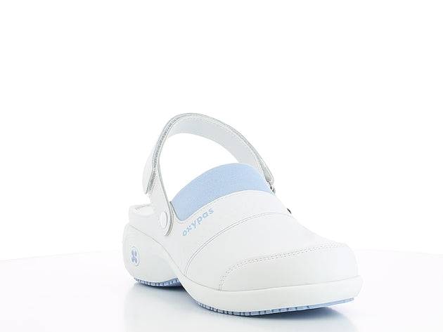 Sabot SANDY OB blanc avec bande velcro réglable, semelle amovible et protection contre les décharges électrostatiques. Idéal pour les secteurs médicaux et alimentaires.