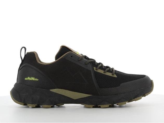 Chaussure randonnée TAMAN noire avec semelle robuste et détails kaki, idéale pour confort et adhérence en extérieur et en ville.