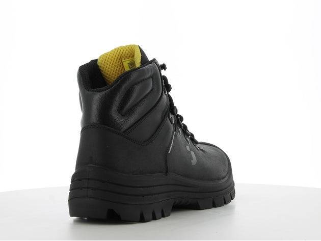 Chaussures de sécurité VESUVIO S3 MID en cuir noir, vue arrière gauche montrant le col rembourré jaune pour un confort optimal.