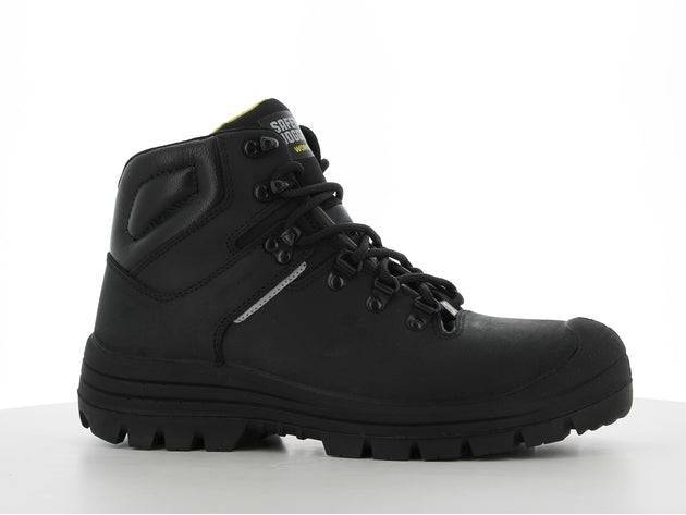 Chaussures de sécurité VESUVIO S3 MID en cuir noir avec semelle extérieure PU adhérente, vue latérale gauche pour usage professionnel.