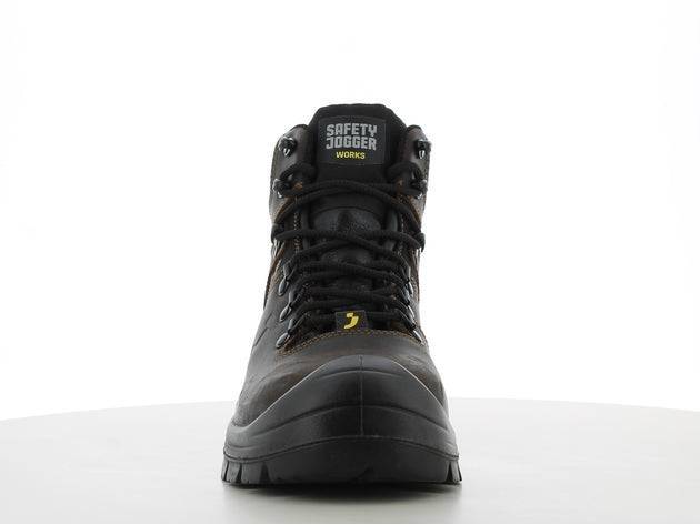 Chaussures de sécurité VESUVIO S3 MID en cuir noir, vue frontale soulignant la robustesse et la protection renforcée pour les environnements BTP.
