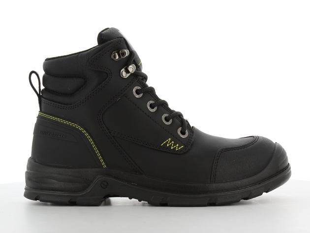 Chaussures de sécurité WORKER S3 noires avec embout en acier, semelle antidérapante SR et coutures renforcées, idéales pour le BTP.