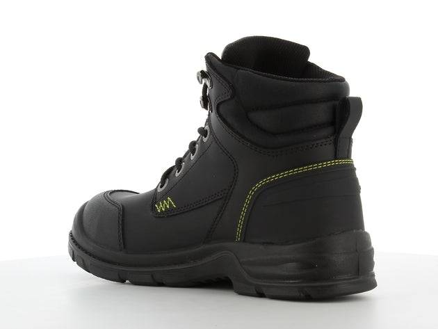 Chaussures de sécurité WORKER S3 noires avec embout en acier, semelle antidérapante SR et coutures renforcées, idéales pour le BTP.