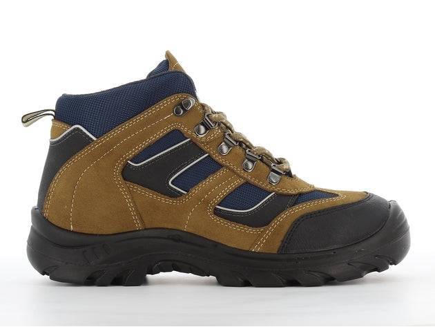 Chaussures de sécurité X2000 S3 mi-hautes en cuir marron et textile bleu, avec embout en acier et semelle antidérapante pour usage professionnel.