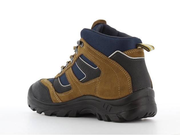 Chaussures de sécurité X2000 S3 mi-hautes en cuir marron et textile bleu, avec embout en acier et semelle antidérapante pour usage professionnel.
