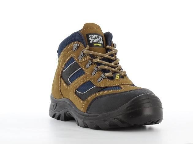 Chaussures de sécurité X2000 S3 mi-hautes en cuir marron et textile bleu, avec embout en acier et semelle antidérapante pour usage professionnel.