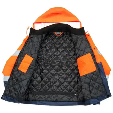 Blouson bomber haute visibilité HV301 disponible en orange, noir et jaune avec bandes réfléchissantes, conforme à la norme EN471 classe 3.