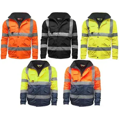 Blouson bomber haute visibilité HV301 disponible en orange, noir et jaune avec bandes réfléchissantes, conforme à la norme EN471 classe 3.