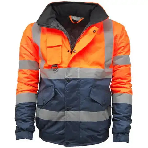 Blouson bomber haute visibilité HV301 disponible en orange, noir et jaune avec bandes réfléchissantes, conforme à la norme EN471 classe 3.