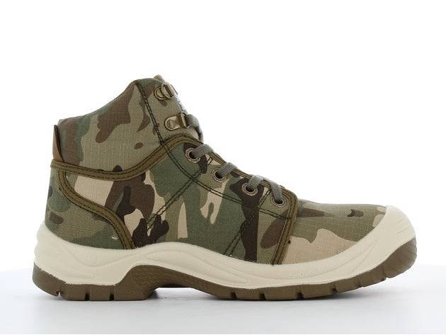 Chaussures de sécurité DESERT S1 P en toile camouflage, semelle PU/PU antidérapante, embout acier, norme S1P, adaptées pour le BTP.
