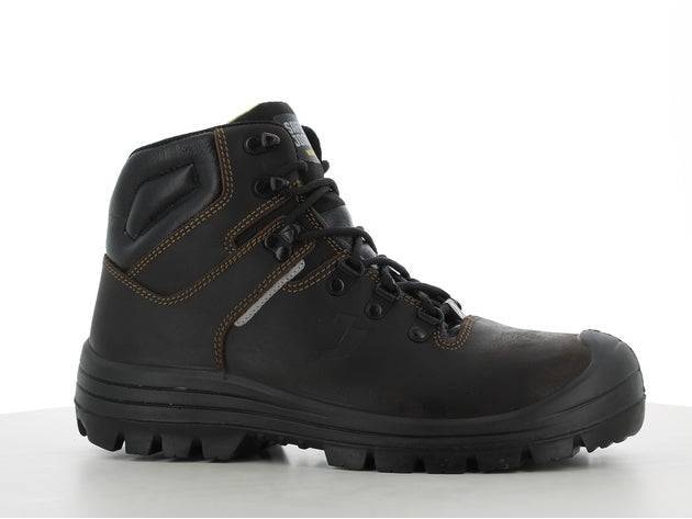 Chaussures de sécurité VESUVIO S3 MID en cuir noir avec surpiqûres contrastées, vue latérale droite pour conditions de travail exigeantes.